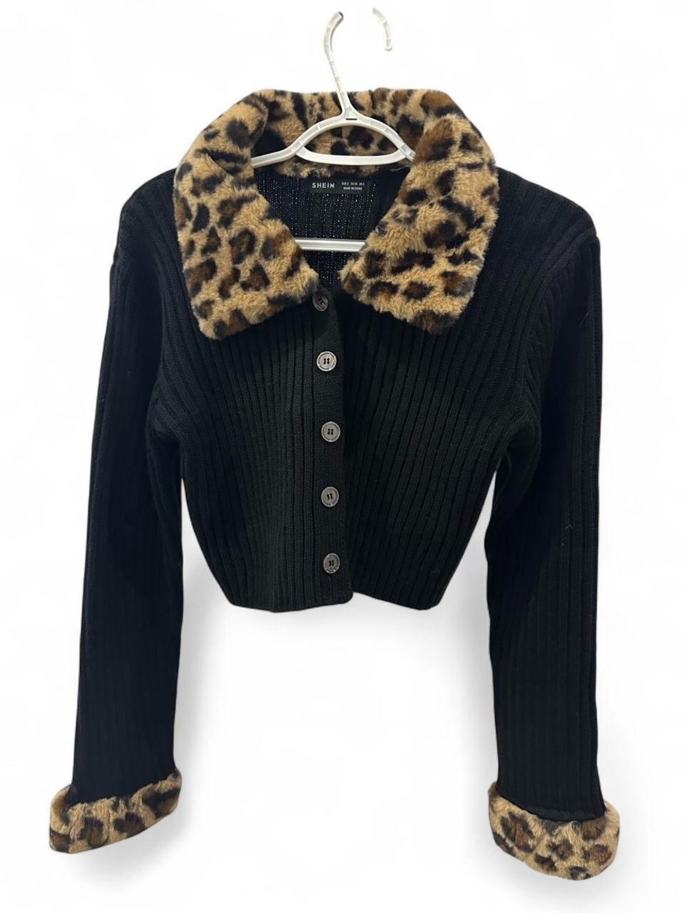 SHEIN Black Ribbed Knit Cropped Cardigan with Faux Leopard Trim